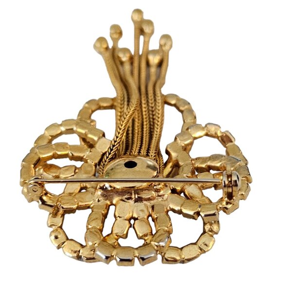 Gold Tone Vintage Prong Set Rhinestone Bow Waterfall Chain Tassel Brooch L79 - Picture 8 of 11